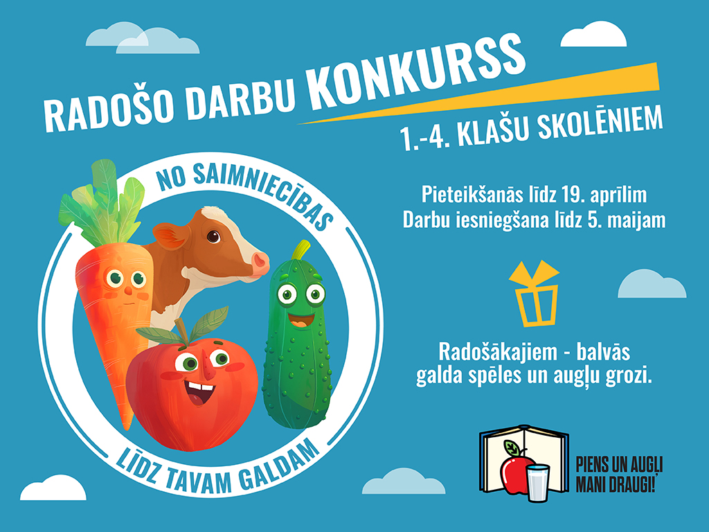 Plakāts par radošo konkursu 1.-4.klašu bērniem. Uz zila fona uzraksti, aplī burkāns, gurķis, ābols un govs, un programmas logo