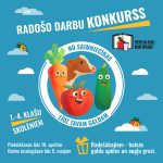 Plakāts par radošo konkursu 1.-4.klašu bērniem. Uz zila fona uzraksti, aplī burkāns, gurķis, ābols un govs, un programmas logo