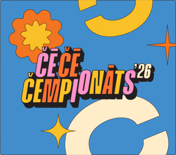 uz cila fona uzraksts čē cē čempionāts 26, fonā krāsainas ģemotreiskas figūras