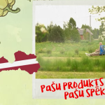 Ekrānšāviņš no video - foto ar lauku skatu, uzraksts un LV kontūras attēls