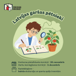 zaļš laukums, kur vidū zīmēts puika kas raskta grāmatā un ar lupu pēta tomāta stādu. apkārt uzraksti un logo